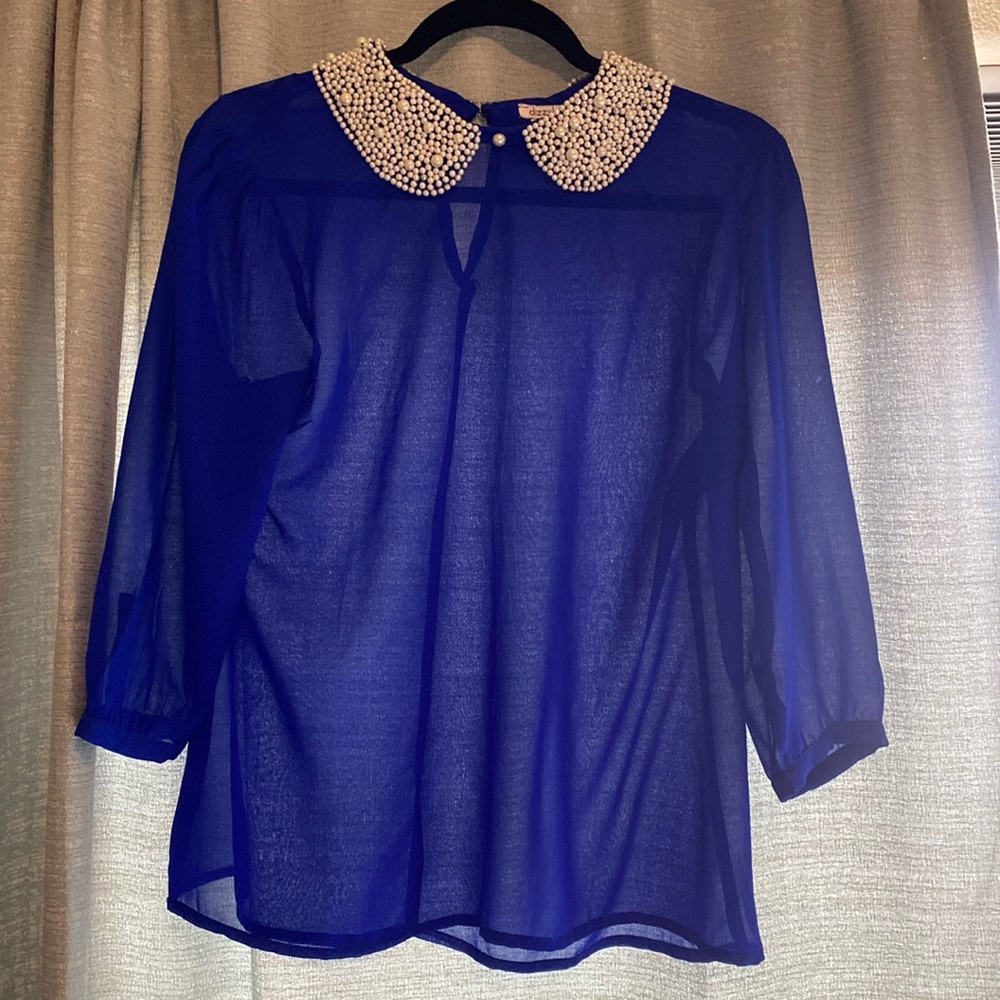 Embellished collar royal blue blouse